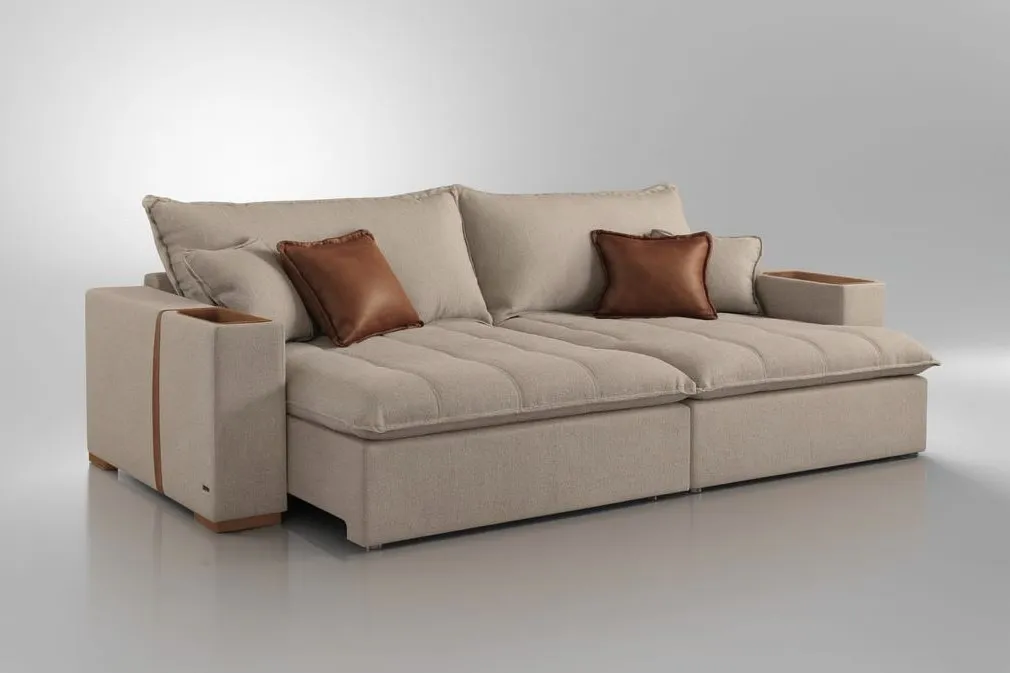 Sofa Cama Retratil Mariah 250 2x100 + Braco 25cm Linho Bege 01 Idealle — Sofá Mariah 250 - Linho Bege 01