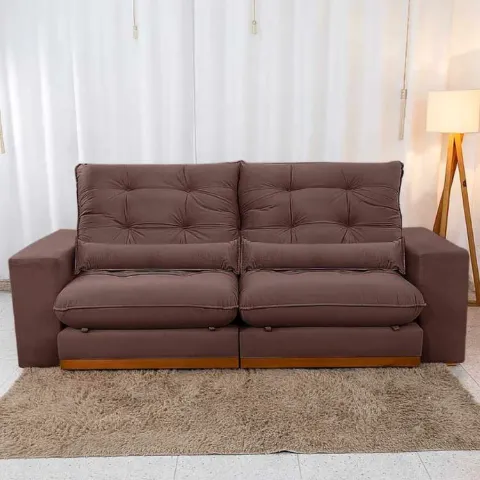 Estofado Retratil Reclinavel Toronto 210 2x80 mais Brc 25cm Molas Pocket e Pillow 25 Veludo Suede Marrom Bia Estofados
