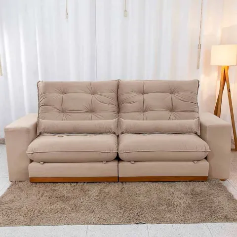 Estofado Retratil Reclinavel Toronto 290 2x120 mais 25cm Brc com Pillow 25cm Veludo Suede Bege Bia Estofados