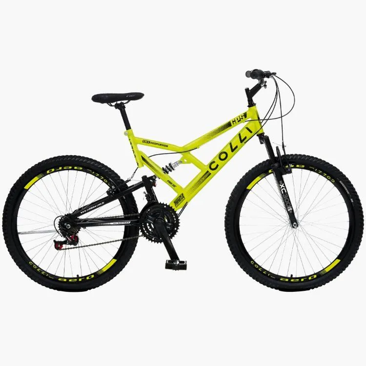 Bicicleta Colli GPS Dupla Suspensao Full Aro 26 21 D Amarelo Neon Cod 148.13D EM Colli — Bicicleta GPS Dupla Supensão Full - Amarelo
