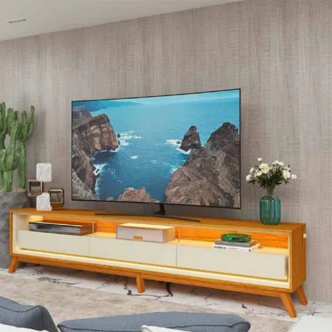 Rack Requinte 260 3G3N com LED e Pes de Madeira Naturale.Off White Gelius