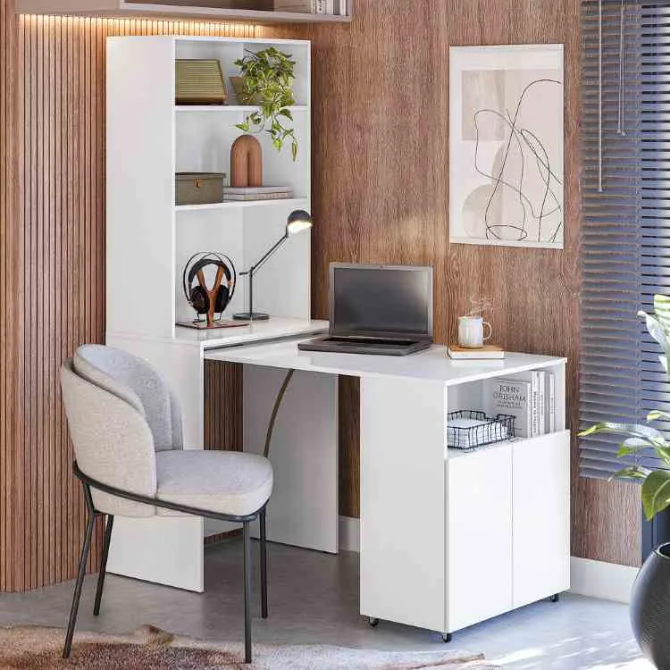 Mesa Duo com Tampo de Mesa Retratil Modo Escritorio Visualizacao Aberto Kits Parana — Visualização Modo Quarto
