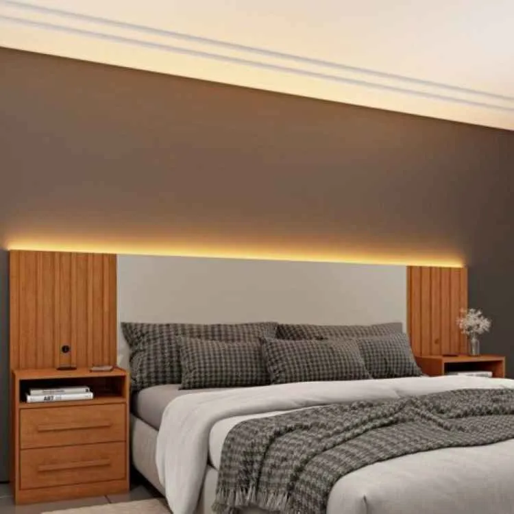 Cabeceira Box Casal/Queen Montserrat.Barcelona com LED e Entrada USB TCIL — Cinamomo Ripado/Off White