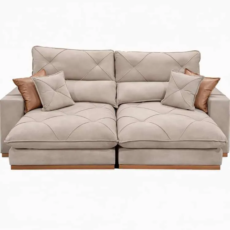 Estofado Retratil Reclinavel Geriba Plus 210 2x80 + Braco 25cm Linho Bege 01 Idealle — Estofado Capri 210  Veludo Inca Bege Claro 02
