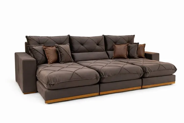 Estofado Retratil Reclinavel Geriba Plus 320 3x90 + Braco 25cm Linho Bege 01 Idealle — Estofado Geriba 320 - Veludo Marrom 17