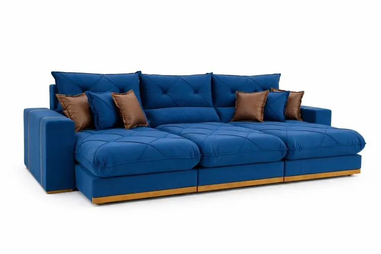 Estofado Retratil Reclinavel Geriba Plus 320 3x90 + Braco 25cm Linho Bege 01 Idealle — Estofado Geriba 320 3x90 - Veludo Azul 24