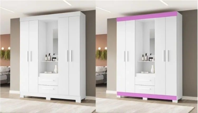 Roupeiro Capelinha NT 6055 4P2G com Espelho Notavel — Branco New/Branco-Rosa Flex