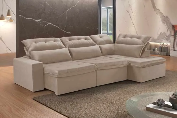 Estofado Retratil Reclinavel Martins M-153 320 3x90 + Chaise + Braço 25cm Veludo Capuccino Martins Estofados — Estofado M-153 - Veludo Capuccino