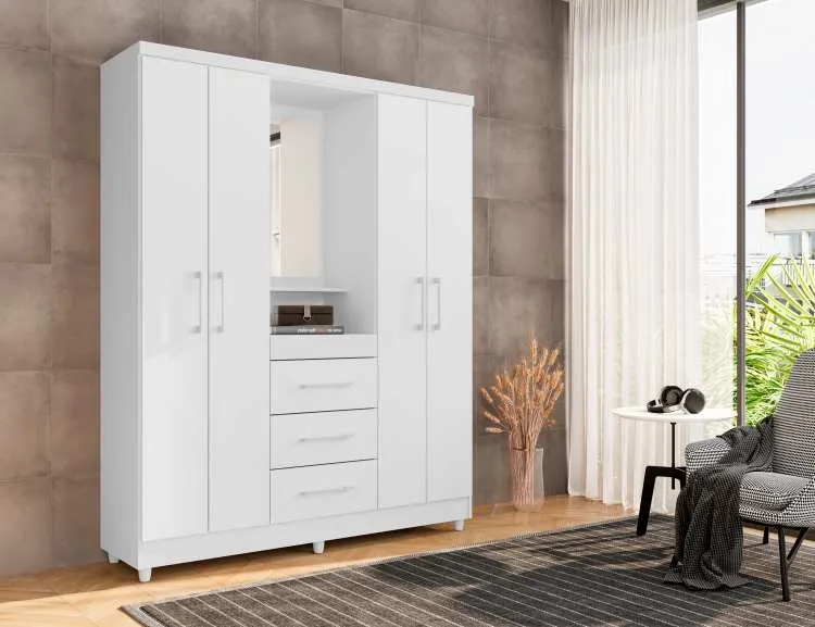 Roupeiro Capelinha Lyon Plus 4P3G com 1 Espelho Rud Rack — Branco Brilho