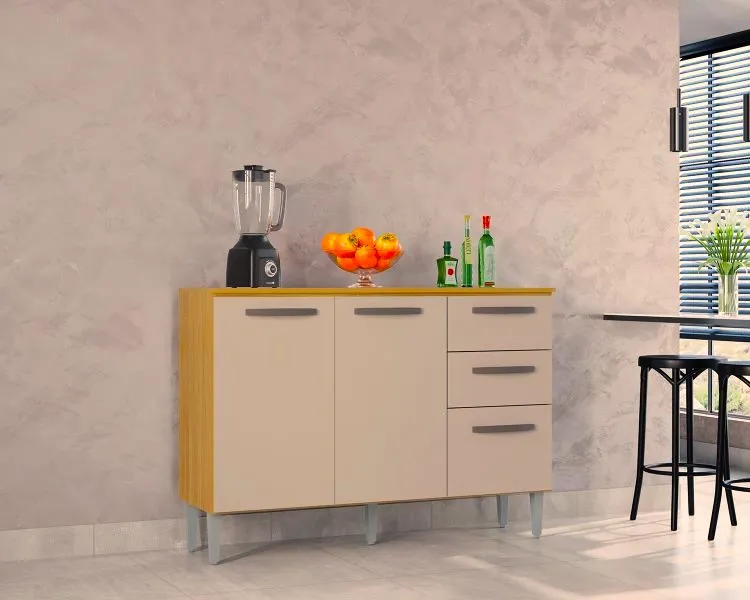 Balcao 3P2G 120 com Tampo Branco Poquema — Balcão 3P2G 120 com Tampo - Cinamomo/Off Whit