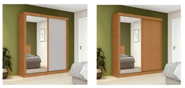 Roupeiro Zeine 2P Deslizantes Dupla Face com 1 Espelho Amendoa Clean ou Amendoa Clean/Off White Lopas Moveis — Amêndoa Clean/Off White