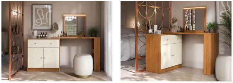 Camarim em "L" Aura 2P1G com Espelho Mobler — Canela/Off White