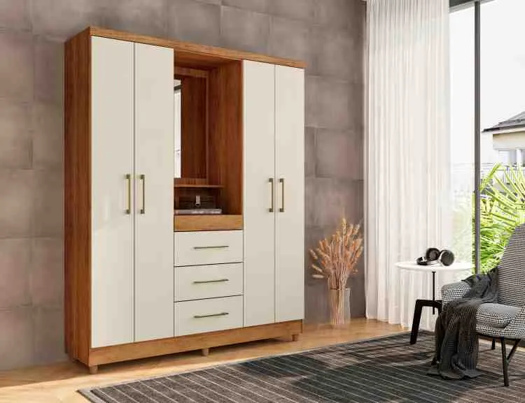 Roupeiro Capelinha Lyon Plus 4P3G com 1 Espelho Rud Rack — Cedro/Areija