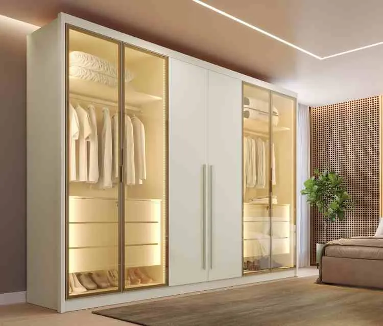 Roupeiro Madri 6P, sendo 4 Portas Vidro Reflecta e 2 Portas MDF 10V MadMarcs — Off White
