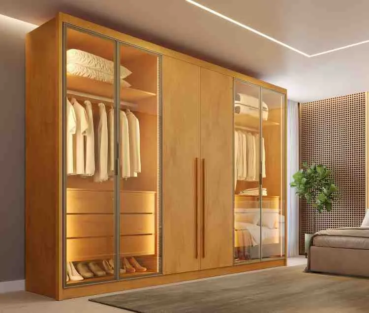 Roupeiro Madri 6P, sendo 4 Portas Vidro Reflecta e 2 Portas MDF 10V MadMarcs — Peroba