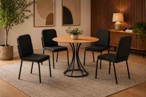 Conjunto Mesa Braga Tampo Redeondo 90 com 4 Cds Braga + Base Onix para Madeira Tubo Minas