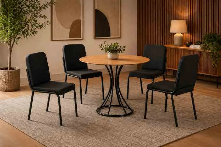 Conjunto Mesa Braga Tampo Redeondo 90 com 4 Cds Braga + Base Onix para Madeira Tubo Minas — Preto/Preto Fosco