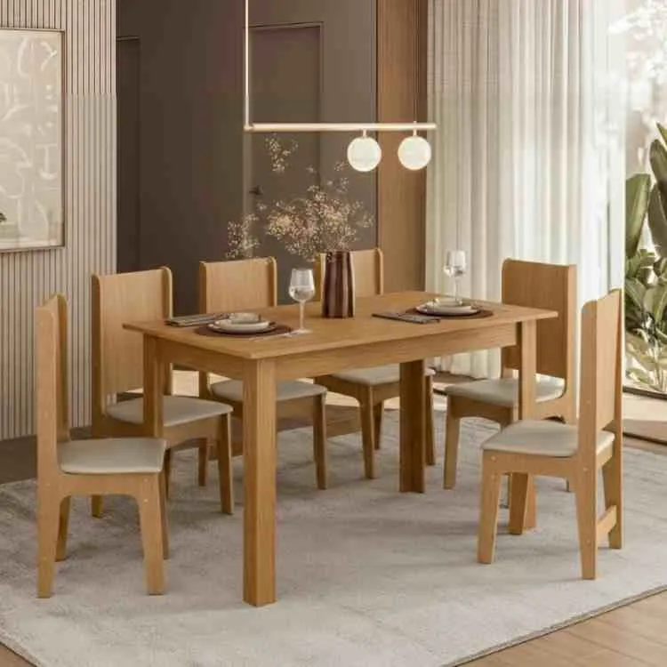 Conjunto Sala Jantar Sara Tmp Retangular 136 Mel com 6 Cds Luana Mel-Savana Sonetto Moveis — Sala Sara c/ 6 Cds Mel - Savava