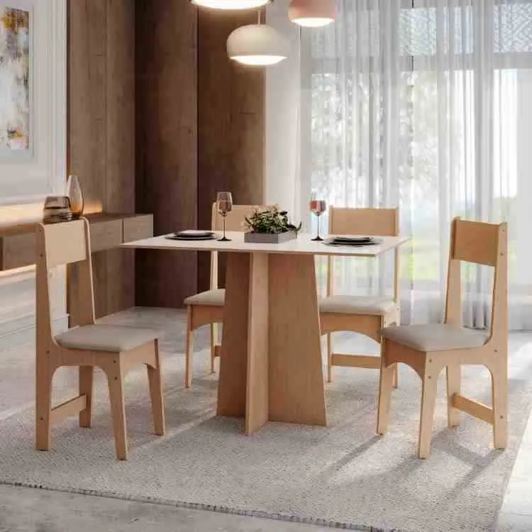 Conjunto Sala Jantar Amanda Tmp Retangular 110 Off White com 4 Cadeiras Delta Mel/Savana Sonetto Moveis — Sala Amanda c/ 4 Cds - Mel/Savana