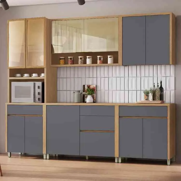 Cozinha Condessa 5 Peças com Vidro Reflecta - Carvalho/Titânio, da Nesher — Cozinha Condessa 5 Peças - Carvalho/Titânio