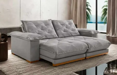 Estofado Retratil Reclinavel Marrocos 250 2x100 + Braço 25cm Pillow 20cm Tec Extra 321 Veludo Cinza Teixeira