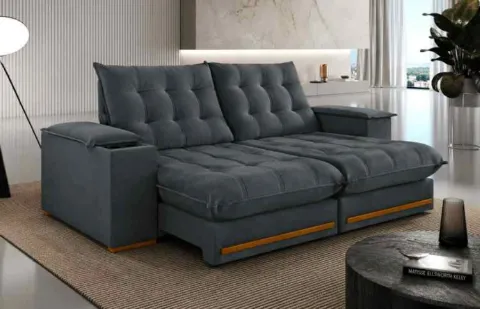 Estofado Retratil Reclinavel Meriti 250 2x100 + Braco 25cm Pillow 30cm Tec Extra 330 Veludo Grafite Teixeira