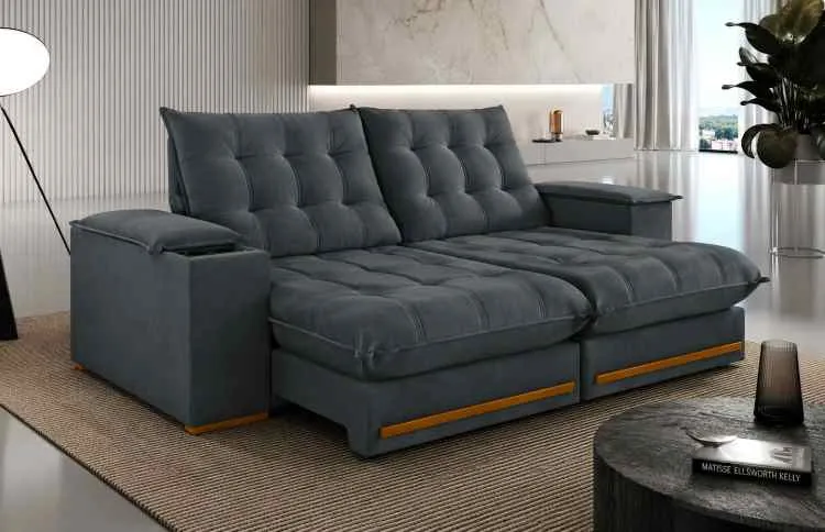 Estofado Retratil Reclinavel Meriti 250 2x100 + Braco 25cm Pillow 30cm Tec Extra 330 Veludo Grafite Teixeira — Veludo Inca Cinza