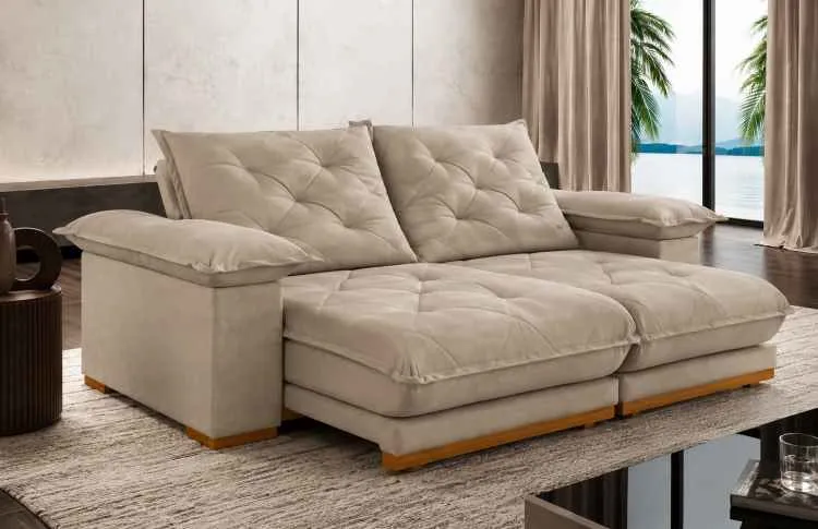 Estofado Retratil Reclinavel Marrocos 250 2x100 + Braço 25cm Pillow 20cm Tec Extra 321 Veludo Cinza Teixeira — Veludo Inca Bege - 334