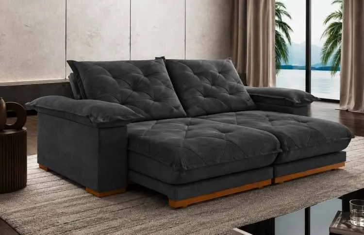 Estofado Retratil Reclinavel Marrocos 250 2x100 + Braço 25cm Pillow 20cm Tec Extra 321 Veludo Cinza Teixeira — Veludo Inca Grafite - 330