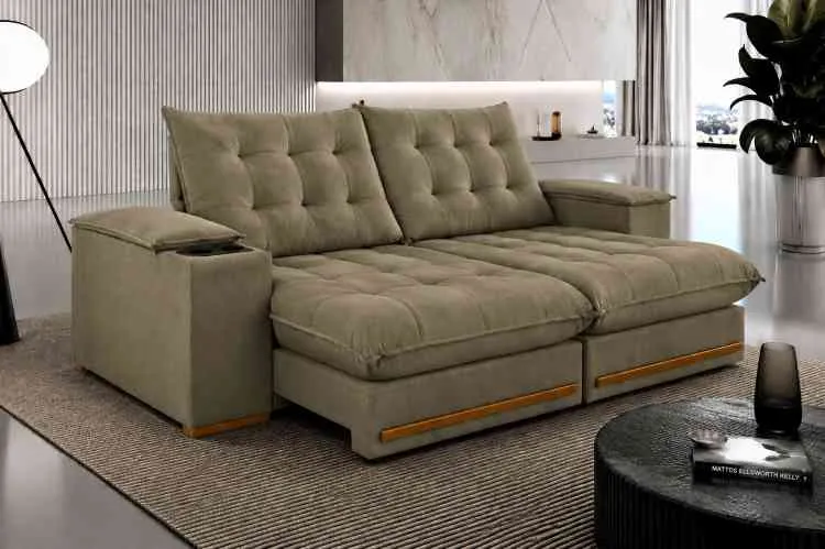 Estofado Retratil Reclinavel Meriti 250 2x100 + Braco 25cm Pillow 30cm Tec Extra 330 Veludo Grafite Teixeira — Veludo Inca Bege