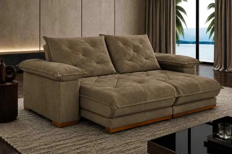 Estofado Retratil Reclinavel Marrocos 250 2x100 + Braço 25cm Pillow 20cm Tec Extra 321 Veludo Cinza Teixeira — Veludo Capuccino - 319