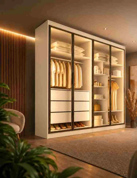 Roupeiro Odessa 4P Vidro Refeclta + 3 Gavestas Europa Moveis