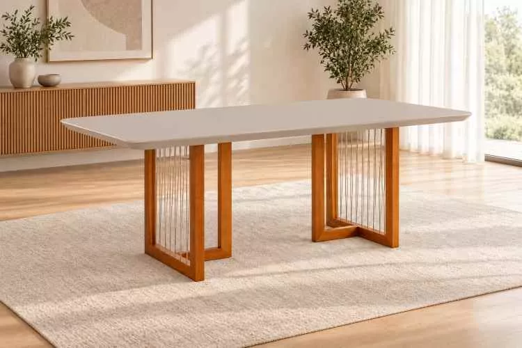 Mesa Itaipava 180x90 Tampo MDF/Vidro Mel/Off White HR Moveis — Mesa Itaipava 180x90 - Mel/Off White