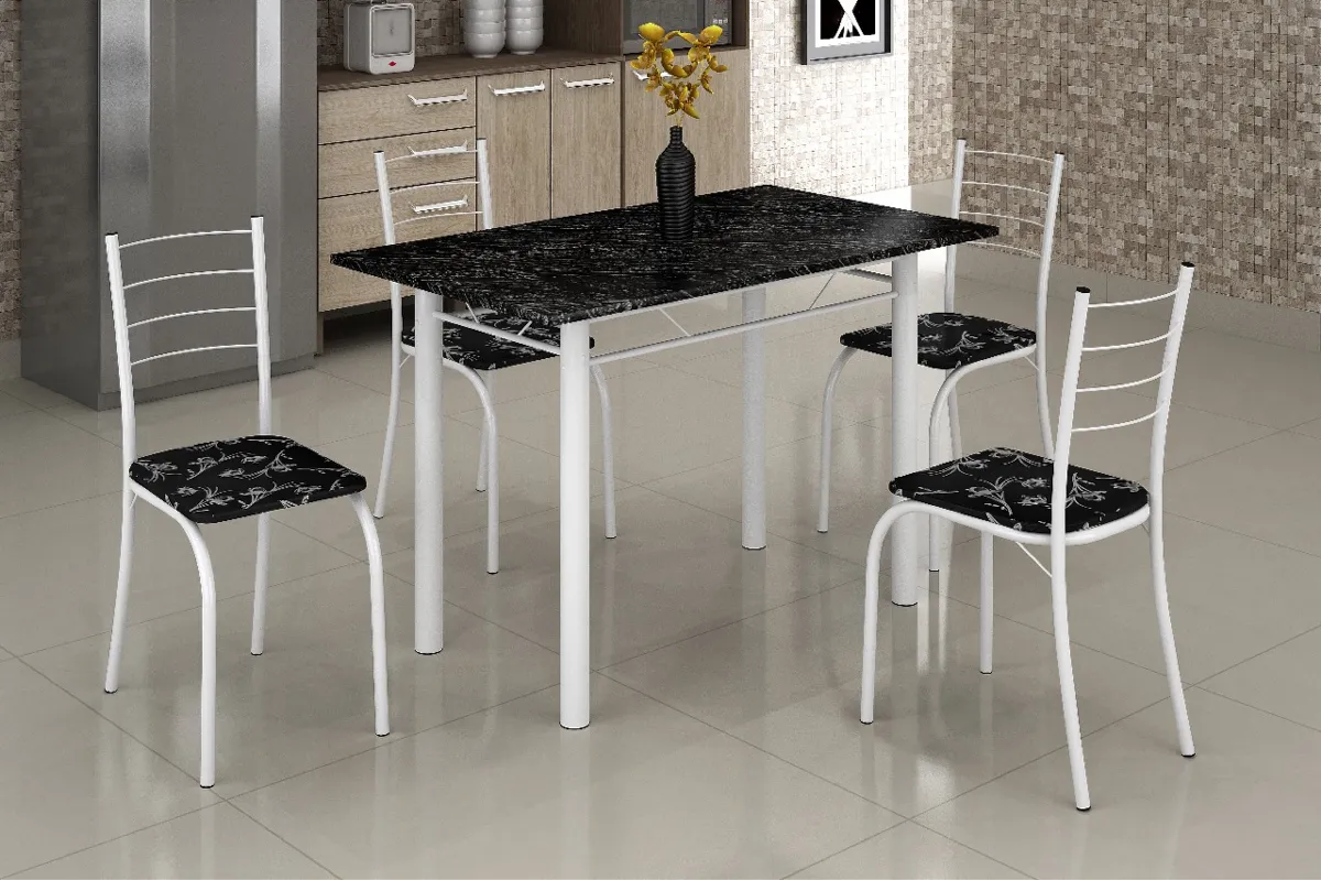 Conjunto Mesa Rio 100x60 Marrom Tmp Ardosia Off White e 4 Cadeiras Rio Marrom Assento Off White Teixeira — Meda Rio 100x60 Branco/Lirio Preto