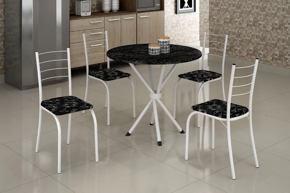 Conjunto Mesa Rio 70 Branco Indiana Preto Redondo e 4 Cadeiras Rio Branco.Liro Preto Teixeira — Mesa Rio  Tmp Ind Preto 70 Branco/Preto
