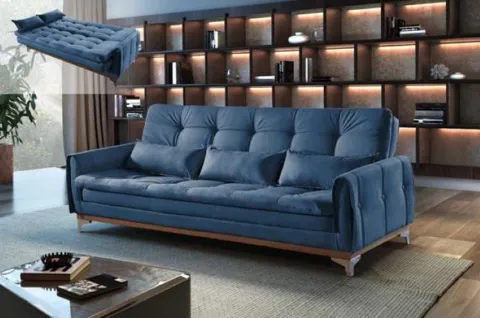 Sofa Cama Kairos 3Lgs 2 Estagios Veludo Suede Azul 2308B Luxury