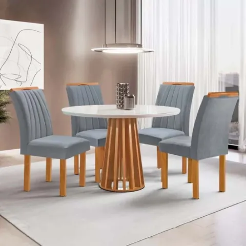Conjunto Mesa Berlim 100 Tmp Redondo Plus MDF.Vdr Cinam.Off White com 4Cd Marselha Cinamo.Vel Grafite Tec 171 CEL Moveis
