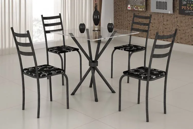 Conjunto Mesa Maraba 75x75 Branco Tmp Vidro Redondo com 4 Cds Branco.Lirio Preto Teixeira — Martelado Chumbo Escuro/Preto