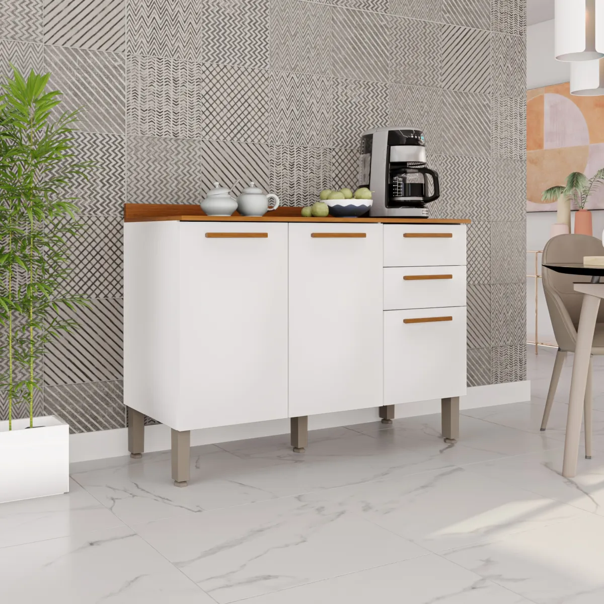 Balcao Cozinha New Valencia 3P2G Branco/Cinamomo Salleto — Balcao New Valência 3P2G - Branco/Cinamomo