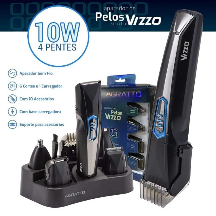 Aparador de Pelos Vizzo AP03 7 em 1 Bivolt Agratto — Preto