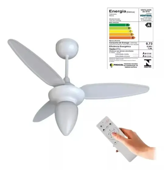 Ventilador Teto Wind Inverter3 Pas BR Controle Remoto Bivolt Branco Ventisol — Ventilador Teto Wind Branco
