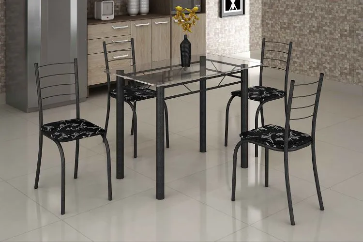 Conjunto Mesa Rio 100x60 Marrom Tmp Vidro com 4 Cds Marrom.Creme Teixeira — Mesa Rio 100x60 - Preto/Martelado