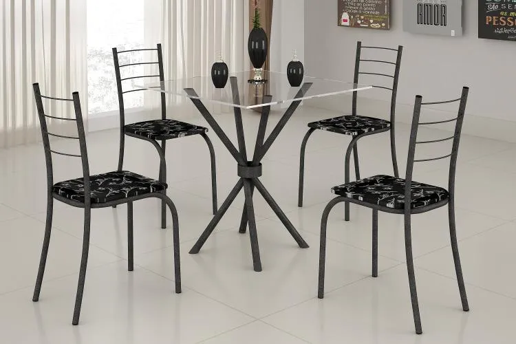 Conjunto Mesa Rio 70x70 MarromTmp Vidro Quadrado com 4Cds Marrom.Creme Teixeira — Mesa Rio 70x70- Preto/Martelado Cinza