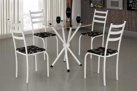Conjunto Mesa Maraba 75x75 Branco Tmp Vidro Redondo com 4 Cds Branco.Lirio Preto Teixeira