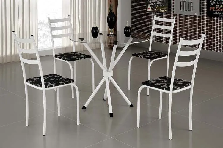 Conjunto Mesa Maraba 75x75 Branco Tmp Vidro Redondo com 4 Cds Branco.Lirio Preto Teixeira — Mesa Maraba Red - Branco/Preto