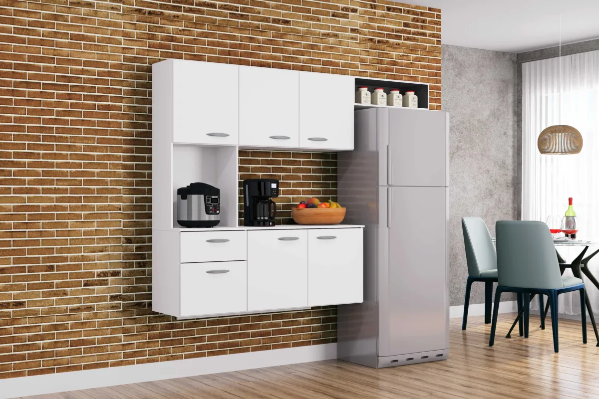 Cozinha Suspensa com Balcao Isis 180 Branco.Cinza Poquema — Branco/Detalhe Preto