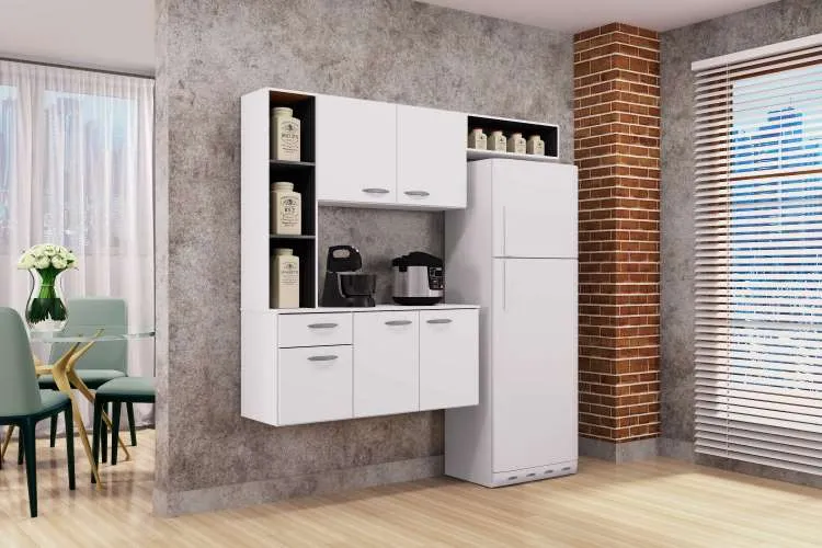 Cozinha Suspensa com Balcao Isis 163 Branco Detalhe Preto Poquema — Branco/Detalhe Preto