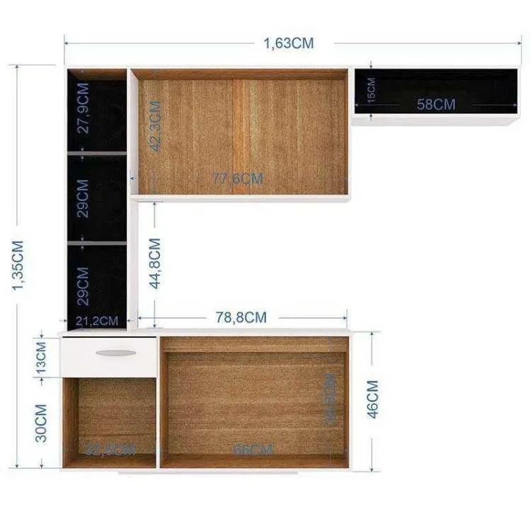 Cozinha Suspensa com Balcao Isis 163 Branco Detalhe Preto Poquema — Interior/Medidas