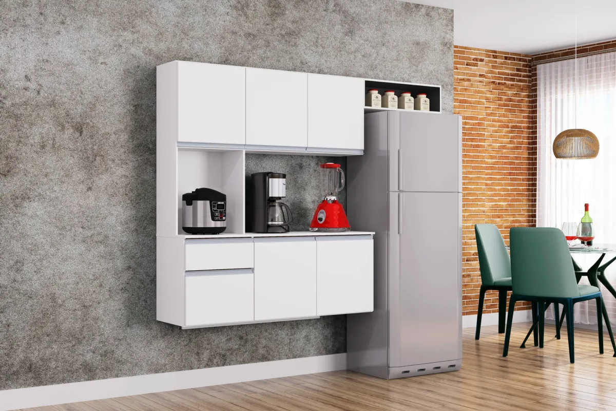 Cozinha Suspensa com Balcao Mel 180 Branco.Cinza Poquema — Branco/Detalhe Preto
