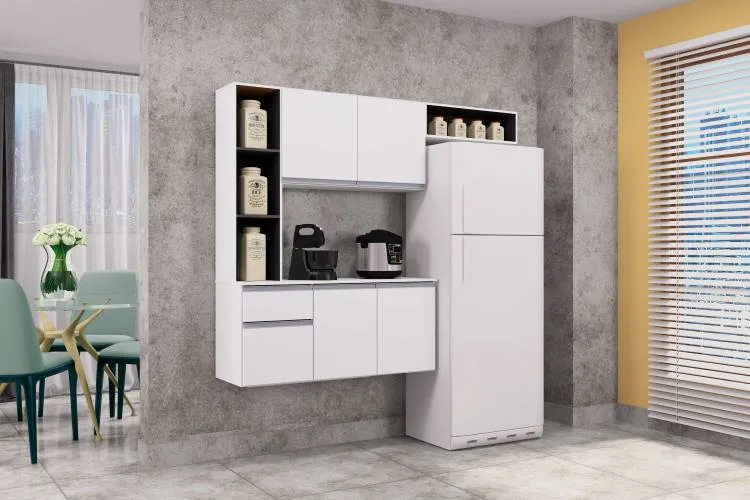 Cozinha Suspensa com Balcao Mel 163 Branco.Cinza Poquema — Branco/ Detalhe Preto